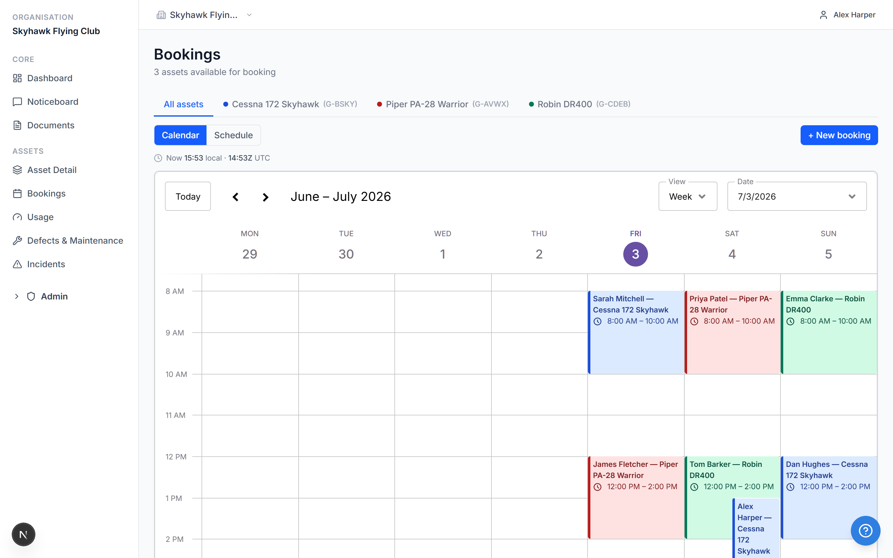 SquadRota booking calendar with member reservations across a week of three aircraft