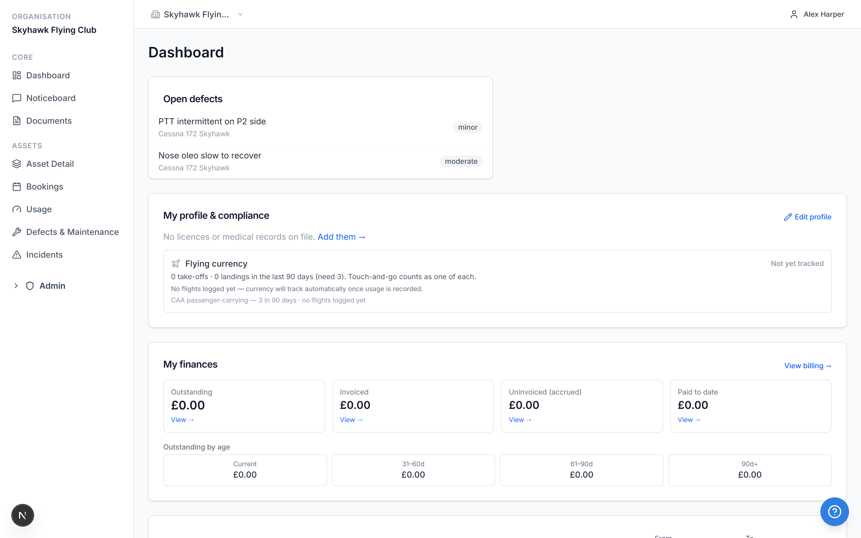 SquadRota dashboard showing open defects, flying currency and member finances
