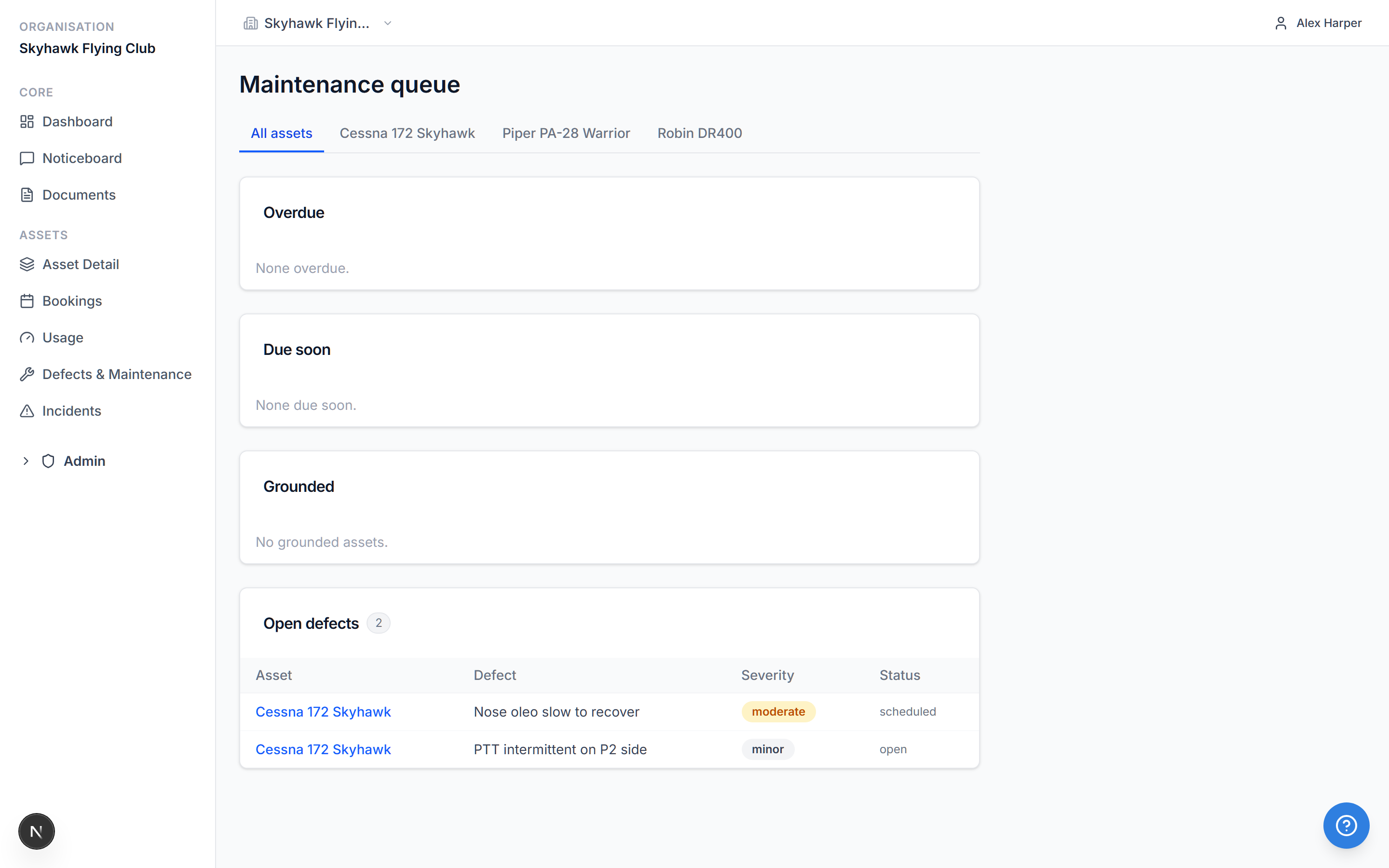 SquadRota maintenance queue listing open defects with severity and status
